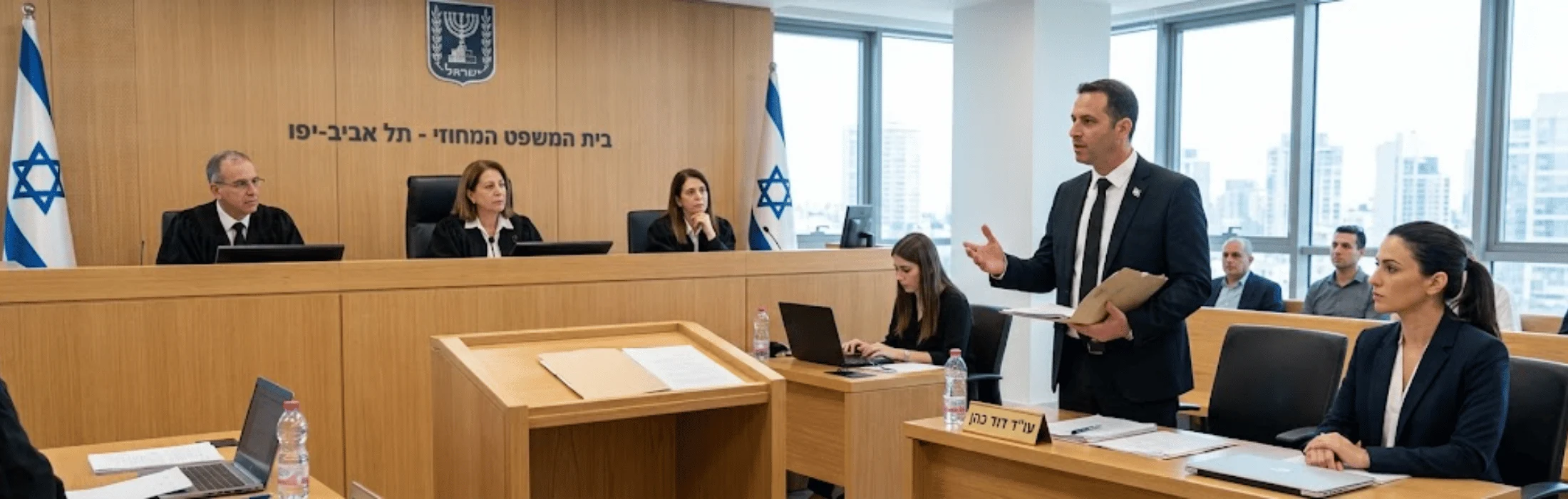 Judges seated at a wooden bench in a modern courtroom with Israeli flags; a man in a suit stands and speaks to them. A woman types on a laptop nearby.