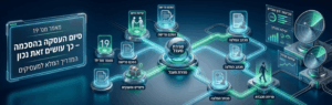 Futuristic infographic of a business process with glowing nodes connected by neon paths and screens (Hebrew labels).
