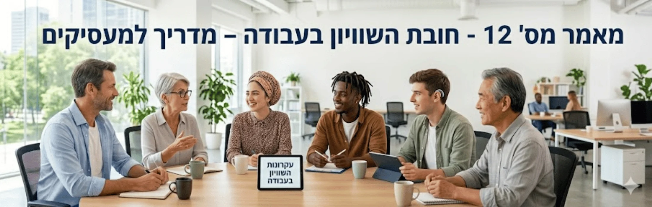 Diverse team seated around a conference table in a bright office, tablet showing Hebrew text about workplace equality.