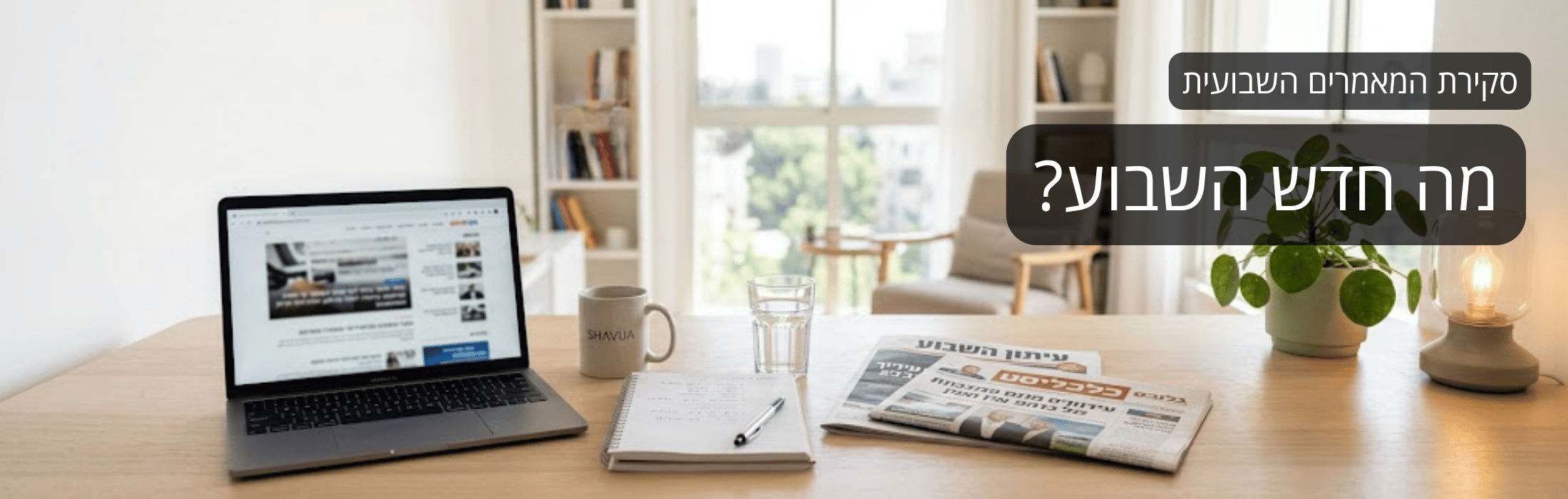 Home office desk with laptop, notebook, mug, glass and newspaper; Hebrew headline 'מה חדש השבוע?' with 'סקירת המאמר השבועית' overlay.
