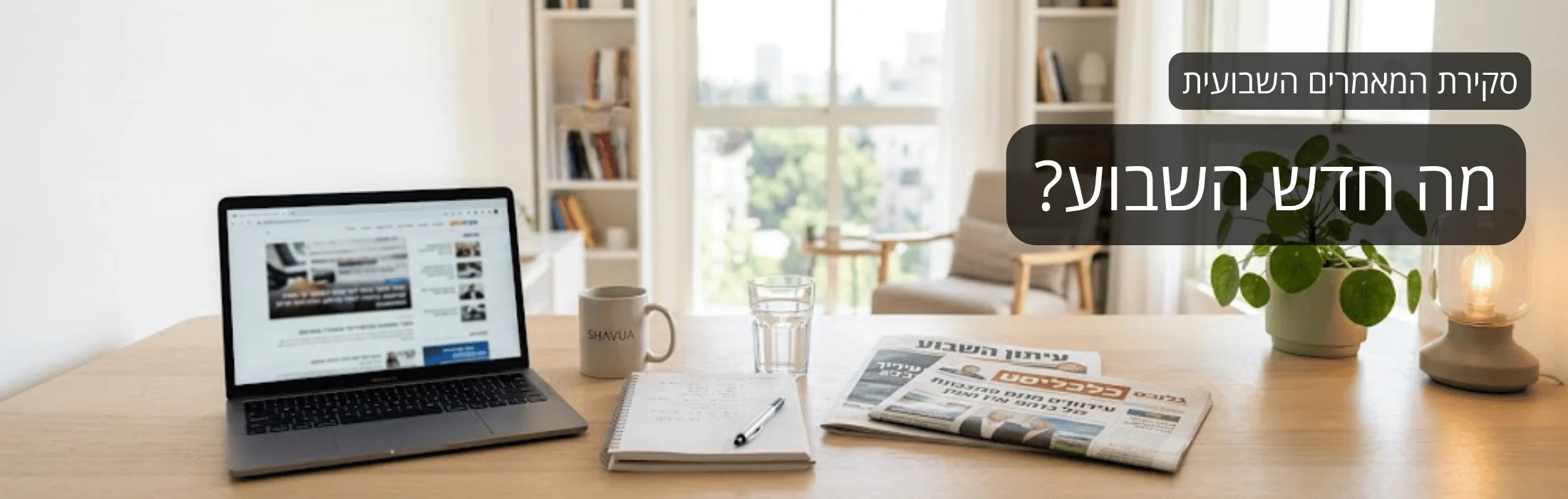 Home office desk with laptop, notebook, mug, glass and newspaper; Hebrew headline 'מה חדש השבוע?' with 'סקירת המאמר השבועית' overlay.