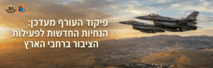 Banner with two fighter jets over a desert valley at sunset, Hebrew headline across the left, and two logos in the top-left corner.