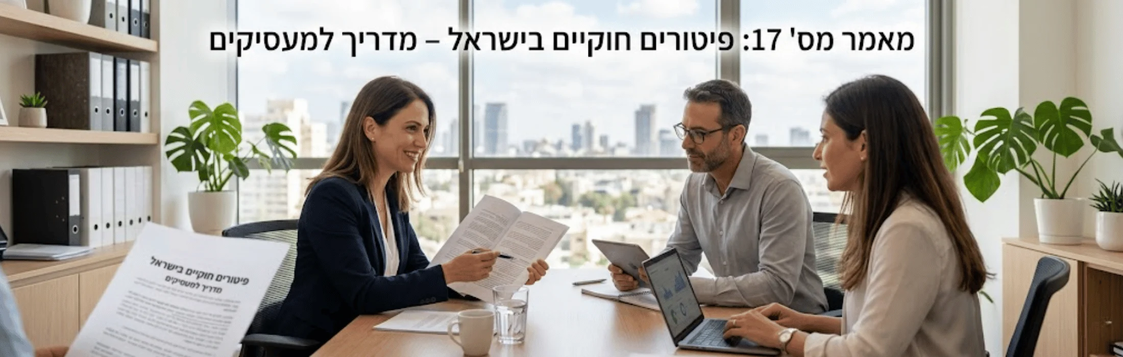 Three professionals in a bright office discuss documents around a table, with laptops and a city skyline through large windows (Hebrew headline at top).
