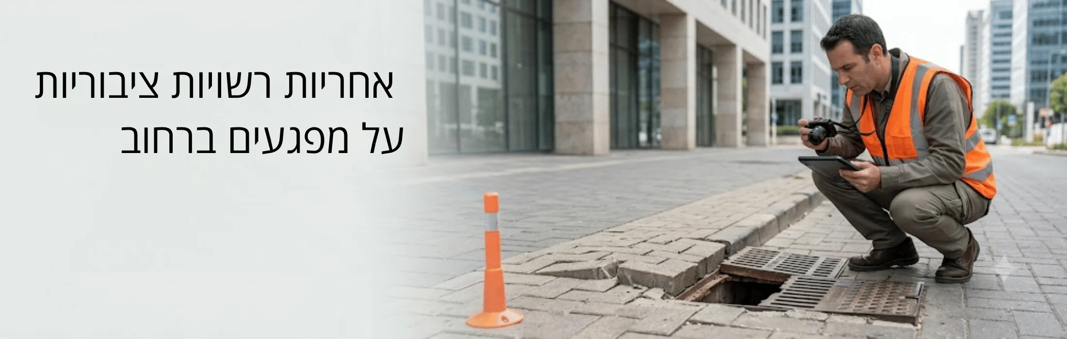 איש עבודה לבוש חליפת בטיחות כתומה.coordinate לבן צופה בעמדה פתוחה בבור אספלט על פני מדרכה עירונית, מצלמה וטאבלט בידו