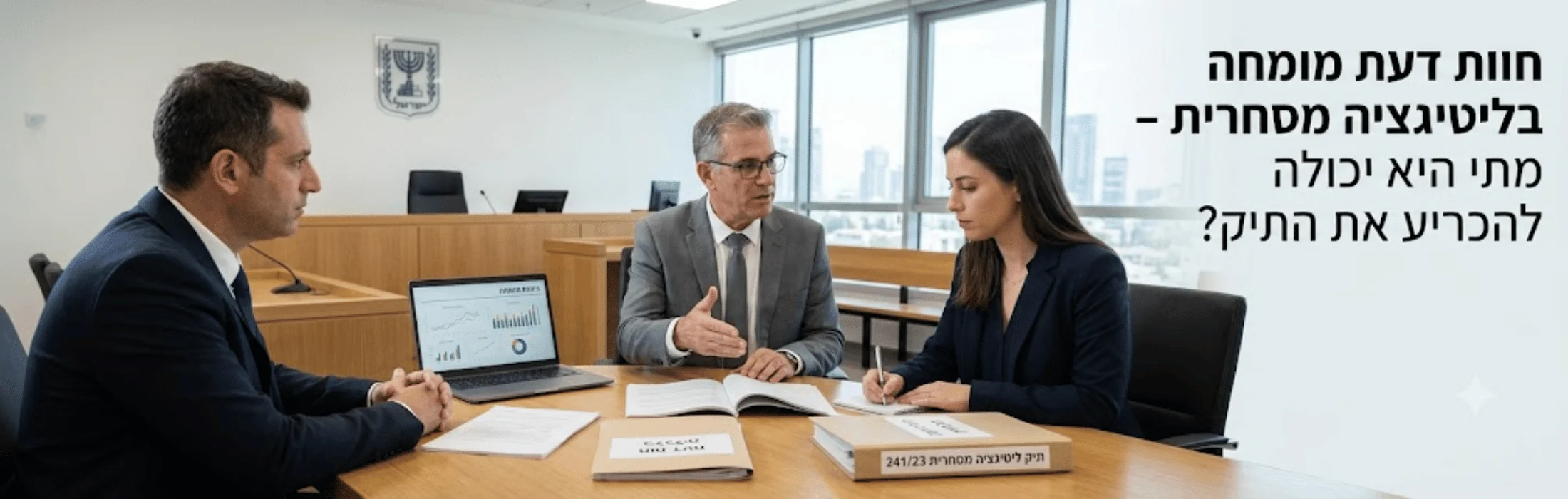 Three professionals sit around a conference table in a bright office, reviewing documents; a laptop displays charts, with Hebrew text on the right edge as a banner.