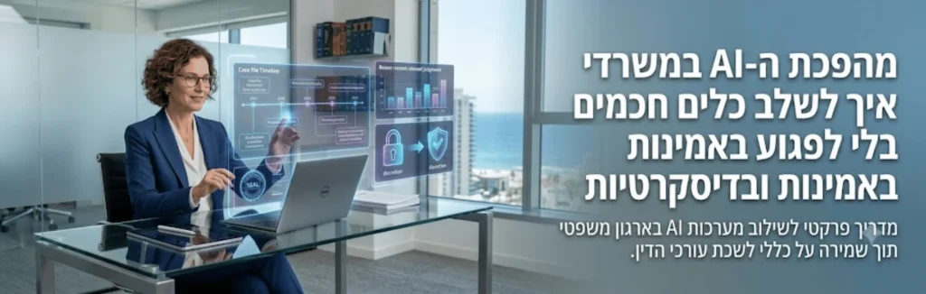 Businesswoman in a blue suit at a glass desk uses holographic AI dashboards in a bright office; Hebrew text on the banner promotes AI in law firms.