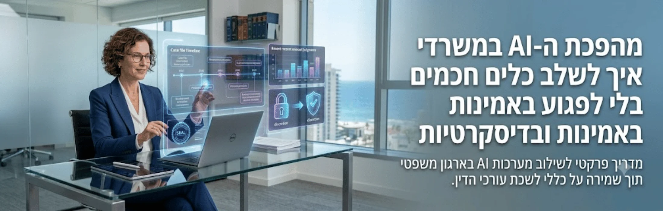 Businesswoman in a blue suit at a glass desk uses holographic AI dashboards in a bright office; Hebrew text on the banner promotes AI in law firms.