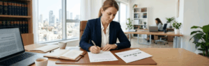 Businesswoman in a navy blazer signs documents at a wooden desk in a bright office with a city view through the window.