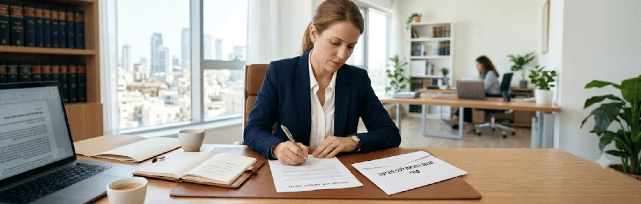 Businesswoman in a navy blazer signs documents at a wooden desk in a bright office with a city view through the window.