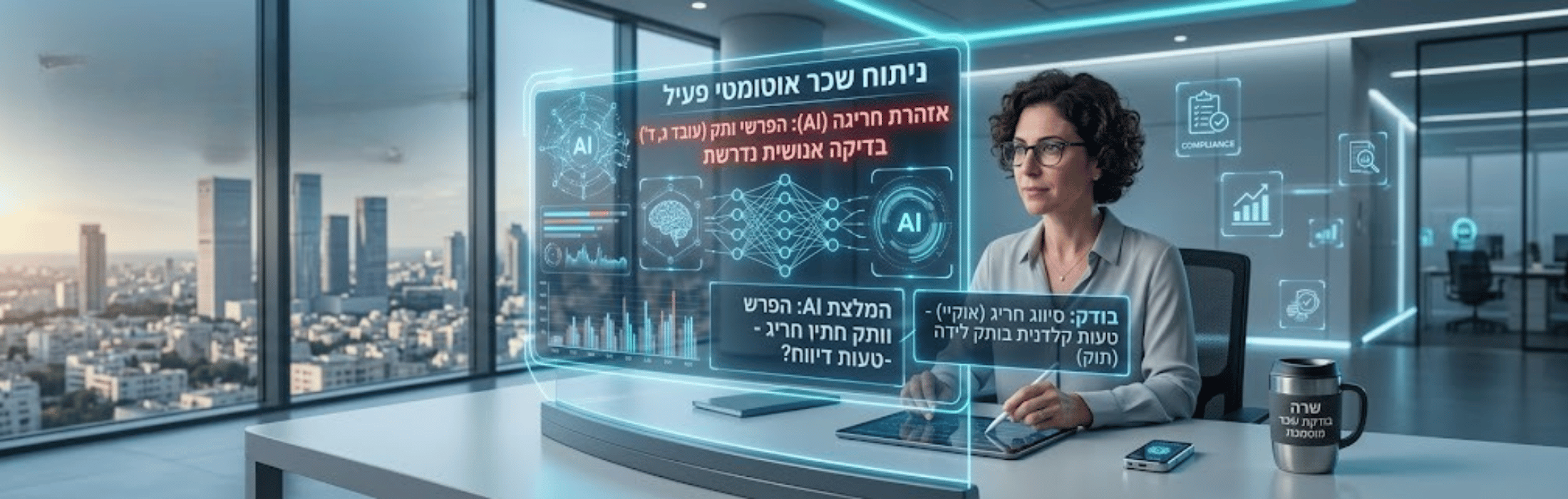 Woman sits at a desk in a modern office, interacting with holographic AI panels and charts in Hebrew text and graphs.
