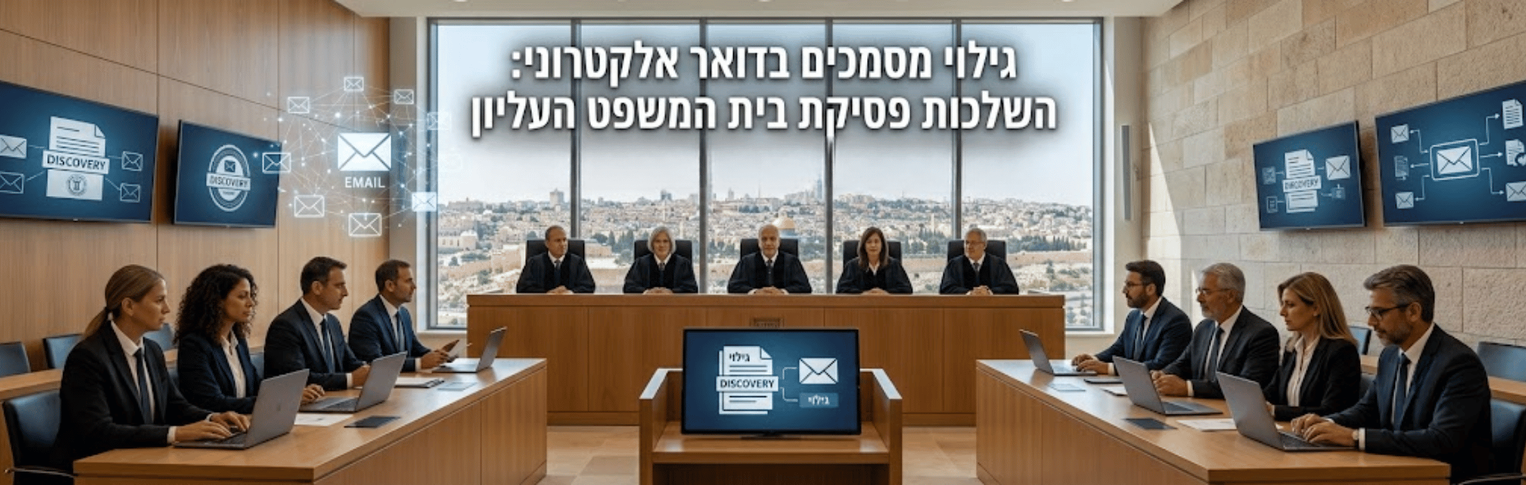 A modern courtroom with five judges seated at a central bench, lawyers at side tables with laptops, and large screens showing email and discovery icons in a city-view room.