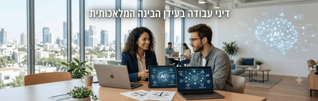 Two professionals sit at a modern glass-walled office table, discussing AI with laptops open and a holographic neural network projection on the wall behind them.