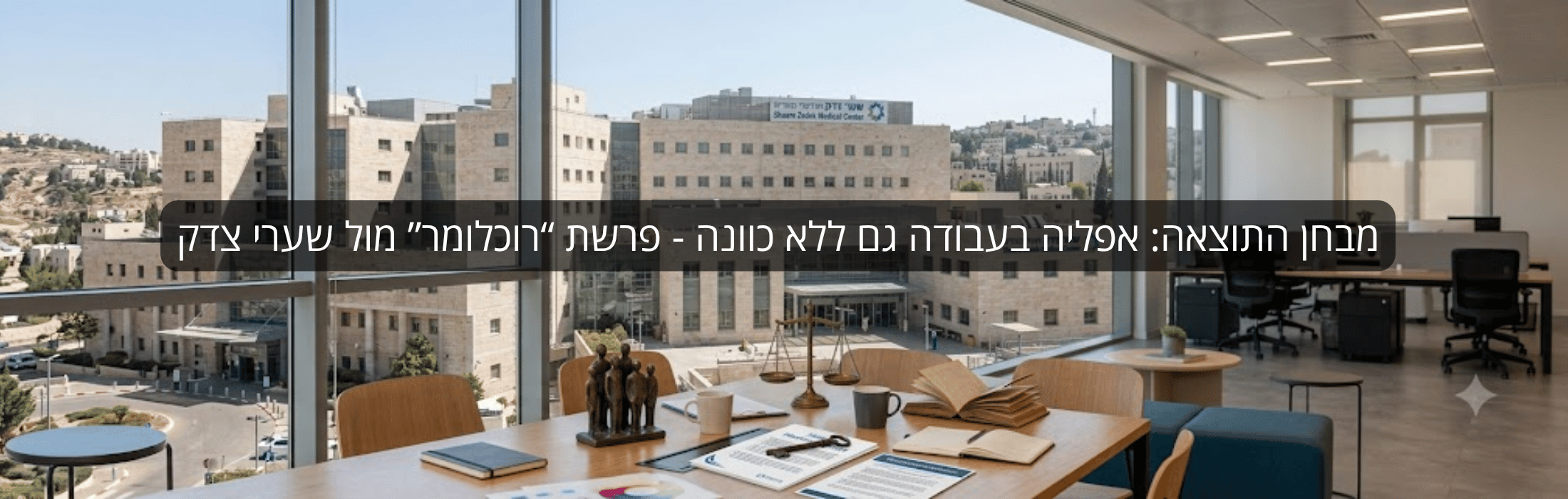 Bright modern office with a large wooden table, books and cups, facing a wall of windows overlooking stone buildings; a dark translucent Hebrew banner spans the image.