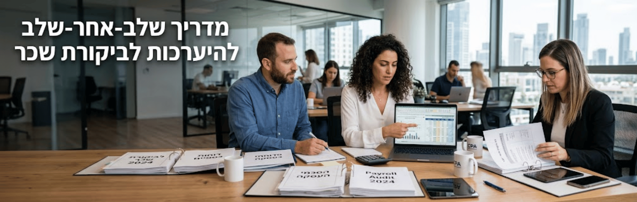 Three coworkers around a large wooden table in a bright office review financial documents and a laptop with charts visible on screen, payroll and audit papers scattered on the table, city skyline in the background.